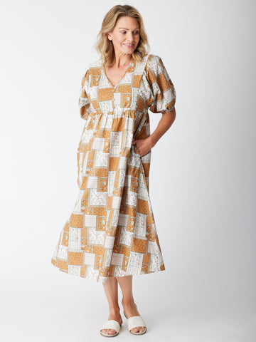 PRINTED BILLOW SLEEVE DRESS- Toffee 30403- S - Spring/Summer