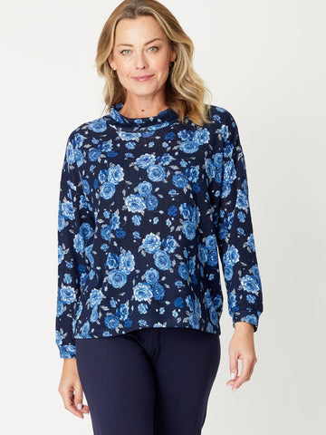 Loose Cowl Loose Top - Navy Floral - 30967 - Plus Size - Curvy Styles