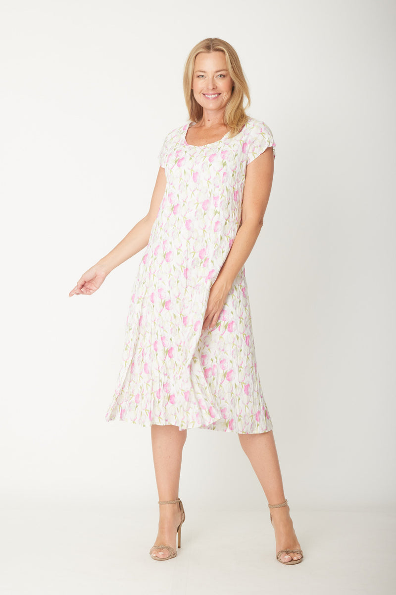 Powder Pink Cotton Block Printed Knee Length Frilled Dress main image 1