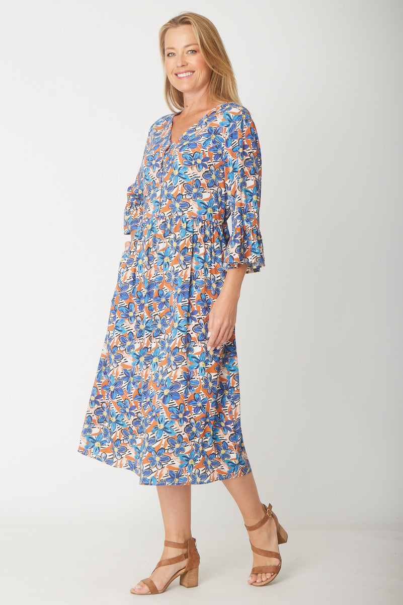 FBE-2424 CREAM FLOWER EMBROIDERED RUFFLE SLEEVE DRESS