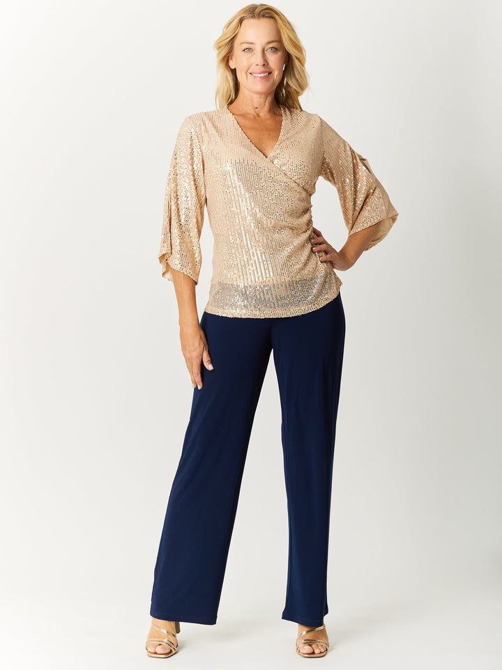 Sparkle Split Sleeve X-Over Top- Champagne- 32709