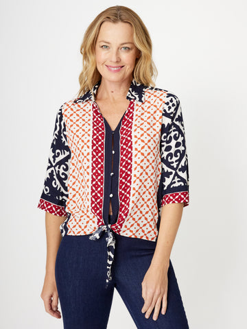 Border Print Tie Top- Navy - 31451 - New Arrivals