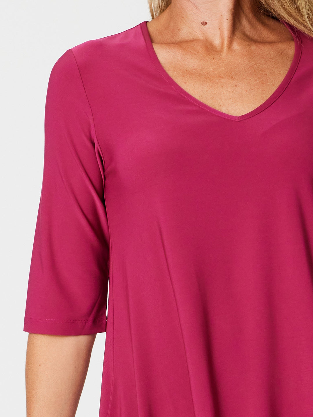 ANDREA VEE NECK JERSEY MID SLV - Raspberry - 26355