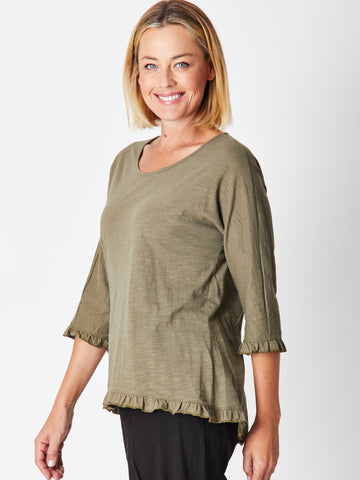 Ruffle 3/4 Sleeve Top - SAGE - 26424 - Tops
