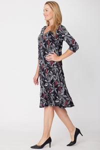 Stella Print 3/4 Sleeve Dress - Black Flower - 26613