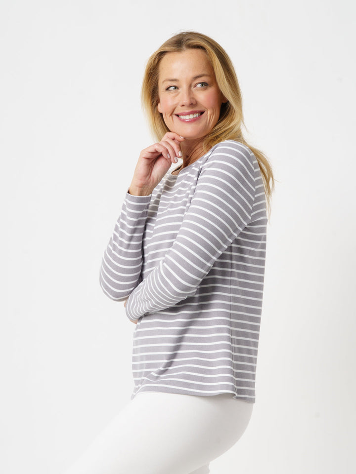 Stripe Micro Fleece Top- Char/White -27024