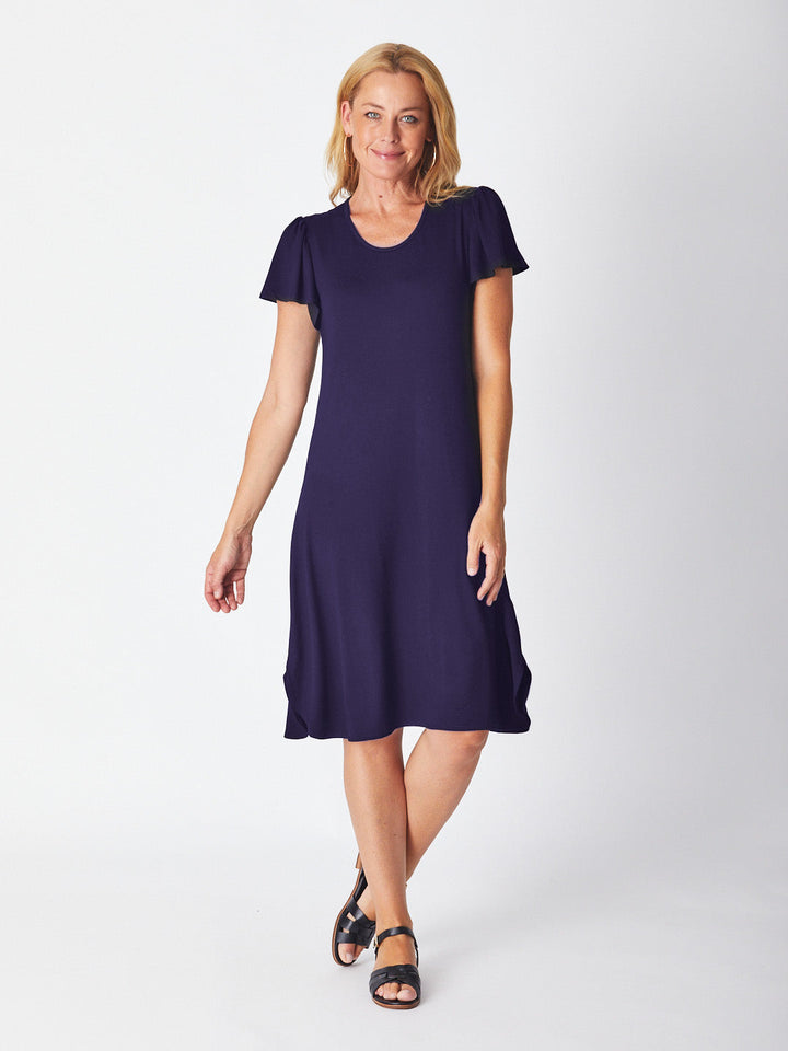 Bamboo Belinda Swing Ruffle Sleeve Dress - Navy- 27603