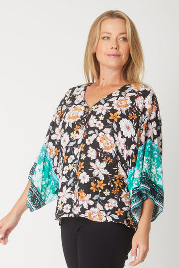Kimono Shirt - Black/ Turq - 27626 - 