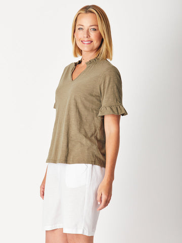 RUFFLE TEE TOP - KHAKI 29016-S - T-Shirts