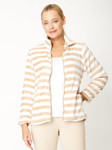 Stripe Microfleece Jacket - Latte/White- 32032 - Tops