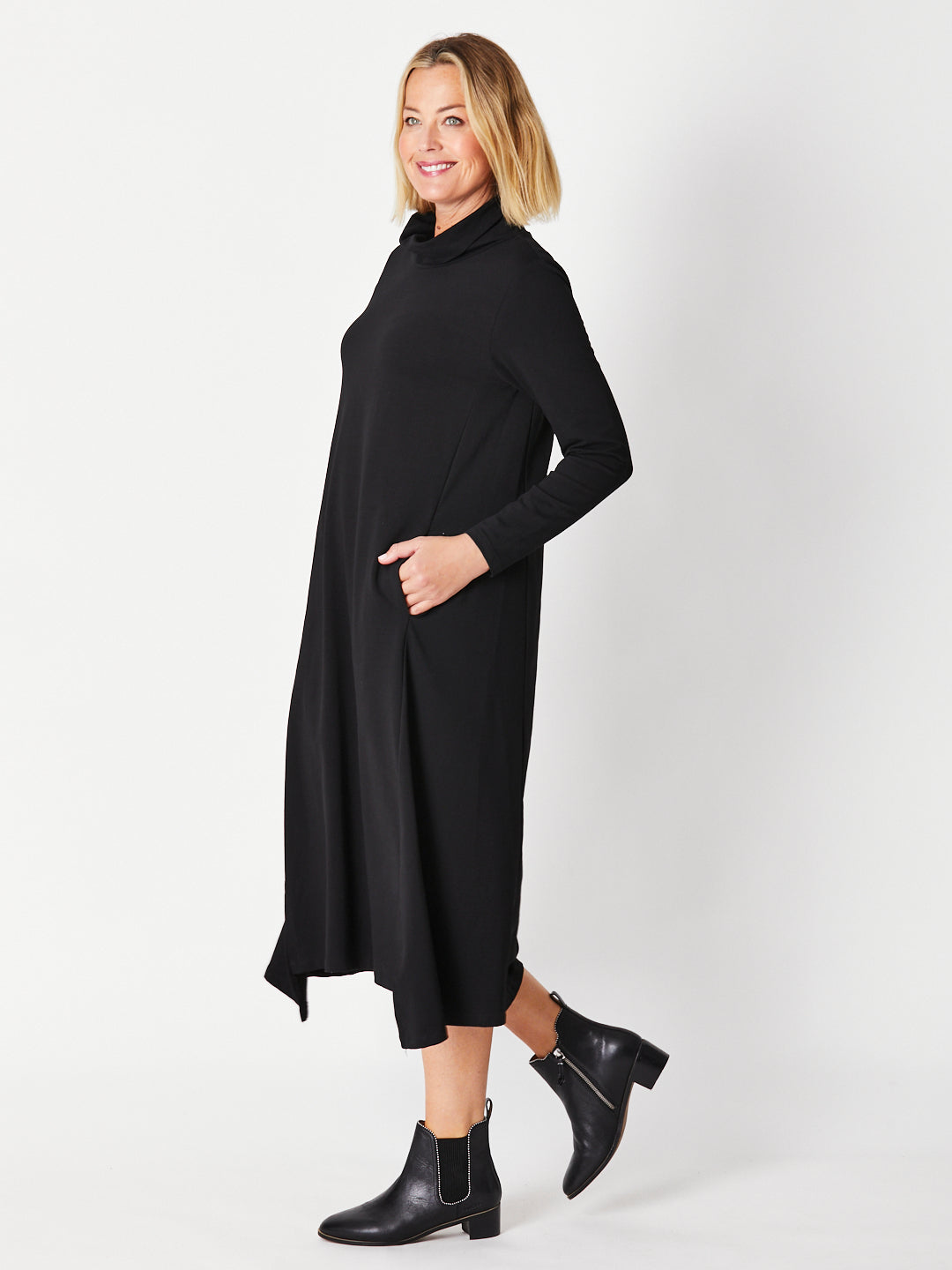 Margie Cowl Pocket Dress - Black - 30000