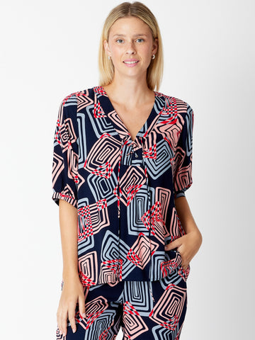 Lace Up Print Top - Pink - 30323 - top