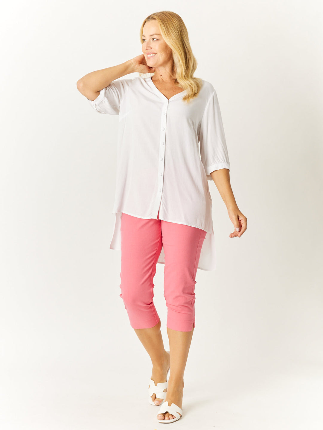 V Button Shirt- White -32430