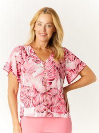 Palm Spring Flutter Button Top - Hotpink/White - 32654