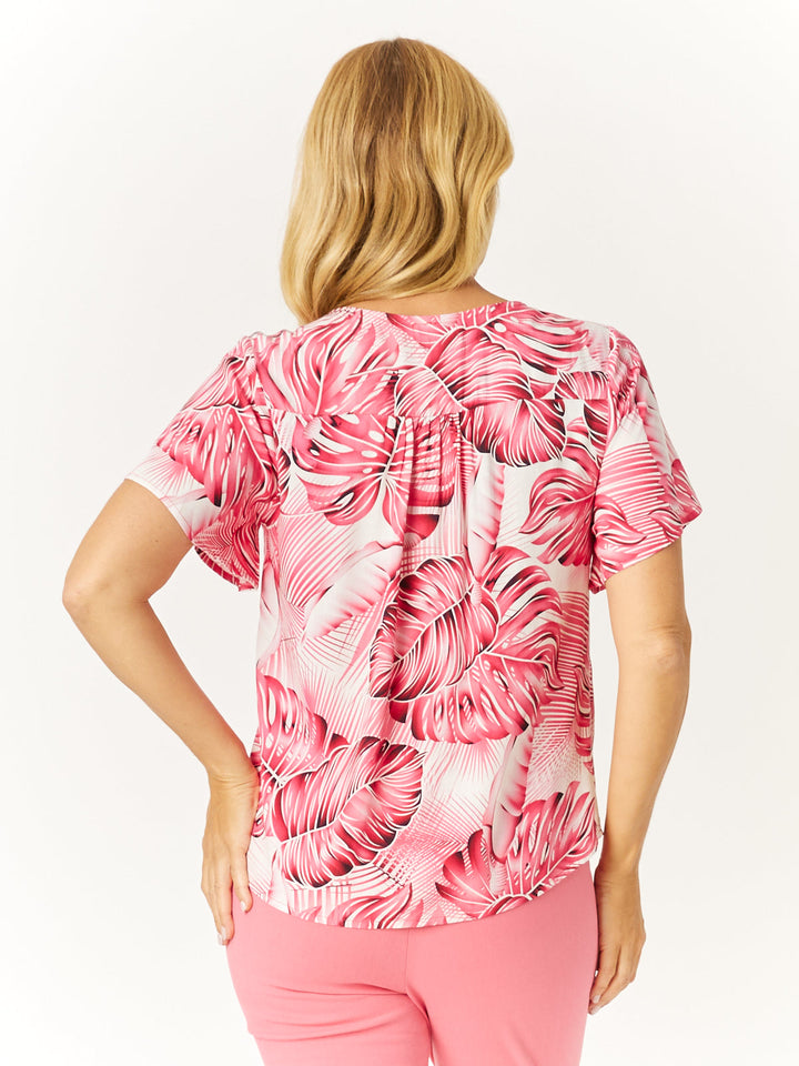 Palm Spring Flutter Button Top - Hotpink/White - 32654