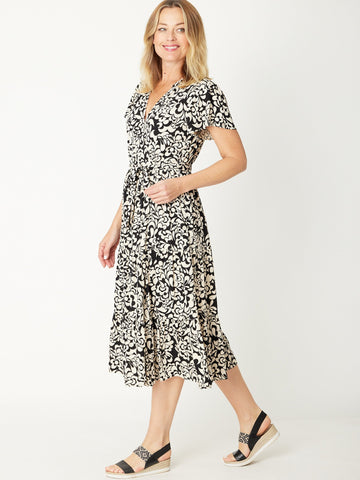 Wrap Flutter Dress - Black/Sand -30963 - Cordelia St