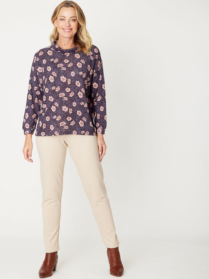 Loose Cowl Loose Top -Pink Floral - 30967