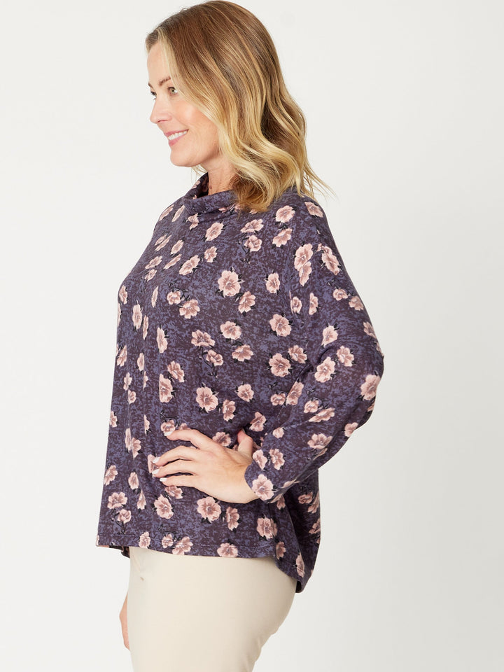 Loose Cowl Loose Top -Pink Floral - 30967