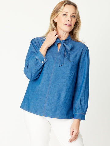 Pussy Bow Denim Shirt- Denim - 31088 - Cordelia St