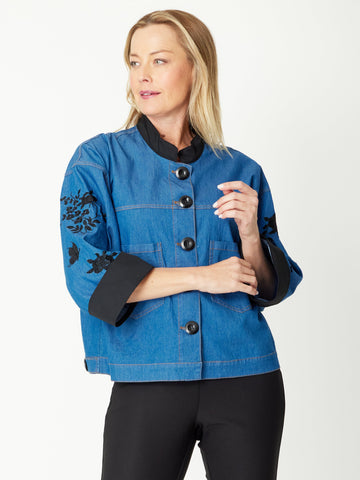 Denim Embroider Jacket- Denim Black- 31163 - Luna Sky