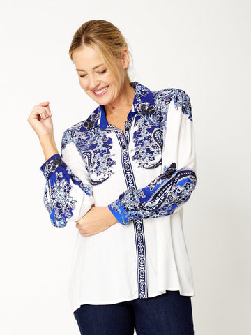 Ink Print Puff Sleeve Shirt - White/Blue - 32040 - 