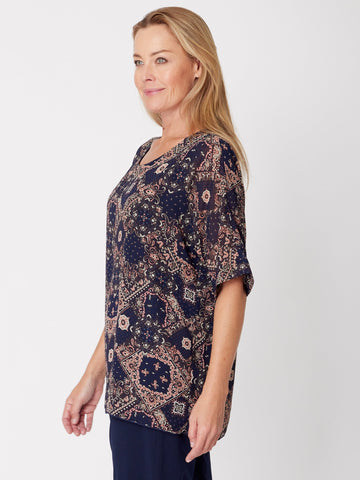 Asha Chiffon Overlay Top - Navy Print - 31367 - Spring/Summer