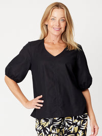Victoria Linen/Cotton Core Top - Black - 31409