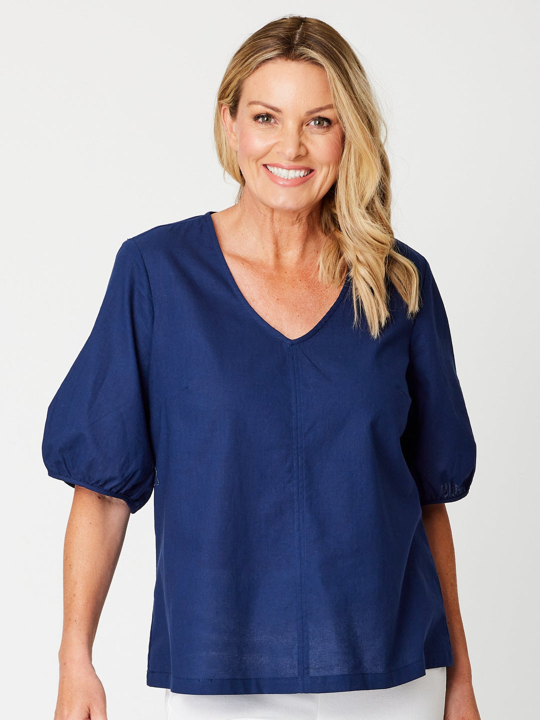 Victoria Linen/Cotton Core Top - Navy - 31409