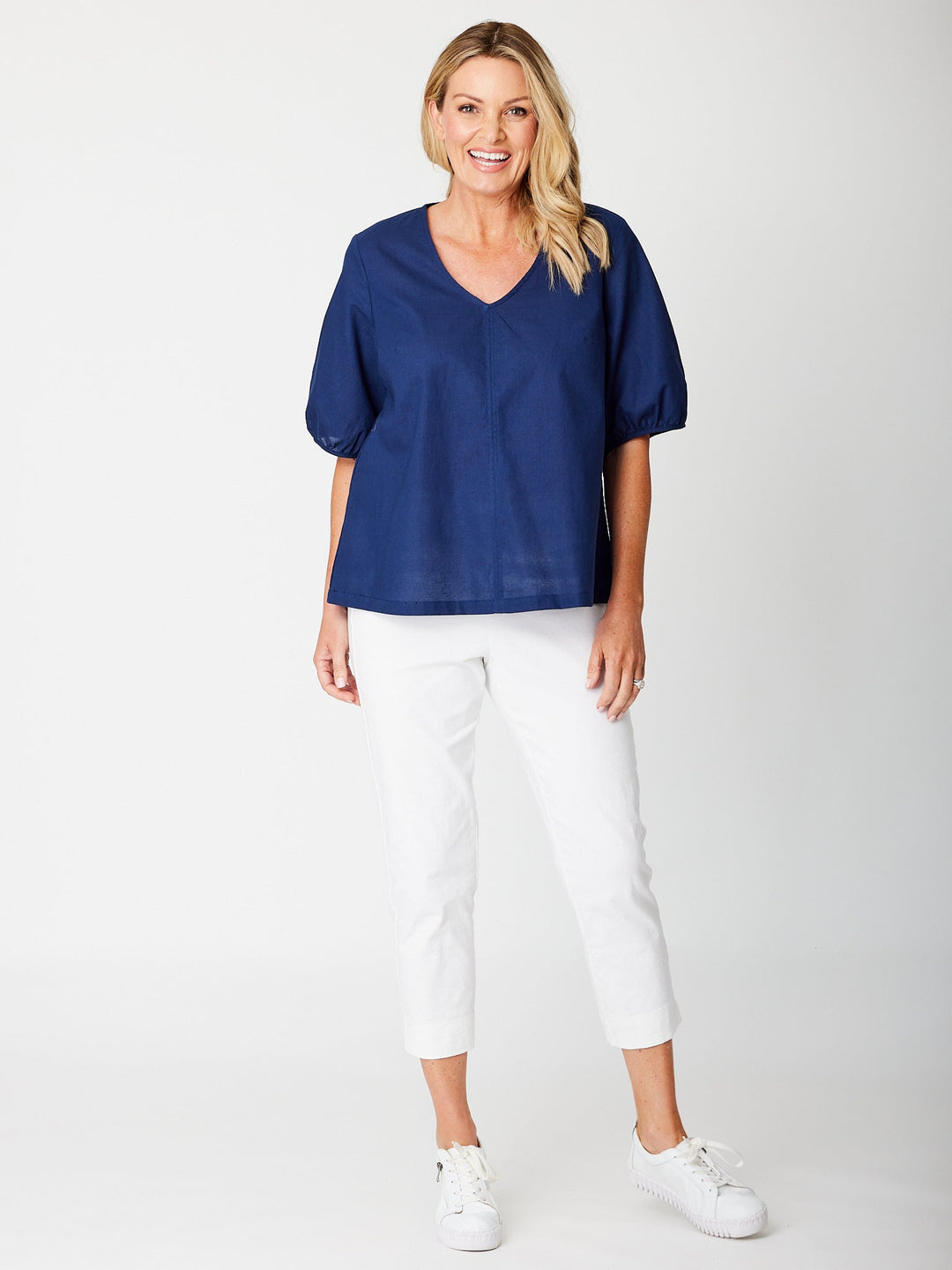 Victoria Linen/Cotton Core Top - Navy - 31409