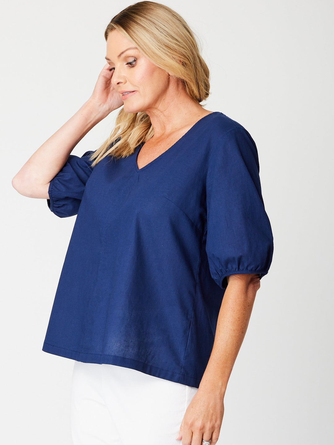 Victoria Linen/Cotton Core Top - Navy - 31409