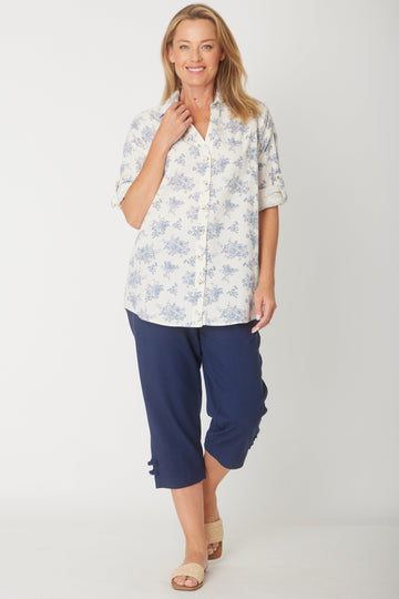Linen Floral Shirt - Beige/Navy - 31421 - 