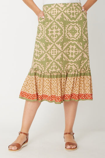 Border Print Skirt - Sage- 31452 - New Arrivals