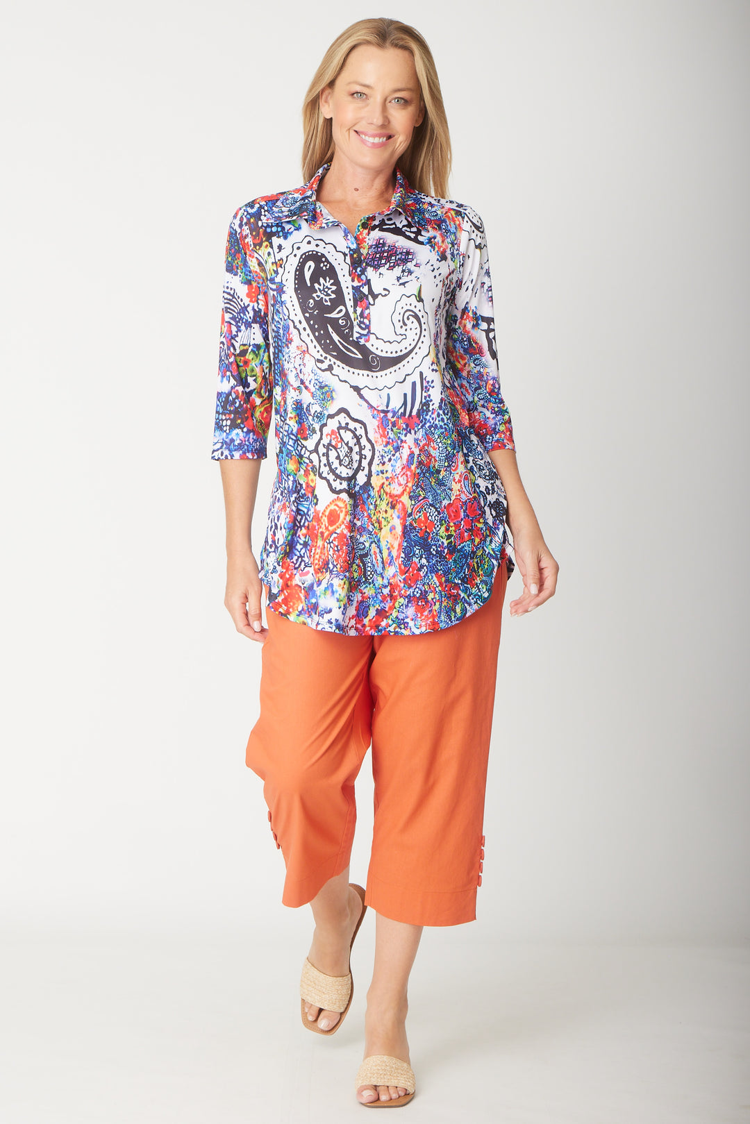 Split Leg Linen 3/4 Pant- Rust - 31594