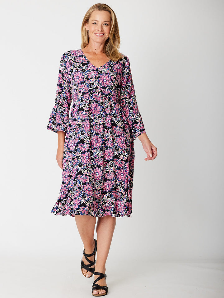 Simmy Bell Sleeve Dress - Black/Print - 31587