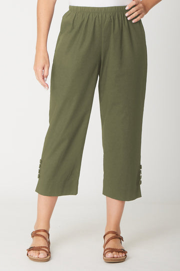 Split Leg Linen 3/4 Pant- Khaki - 31594 - Clothes for Senior & Elderly Women