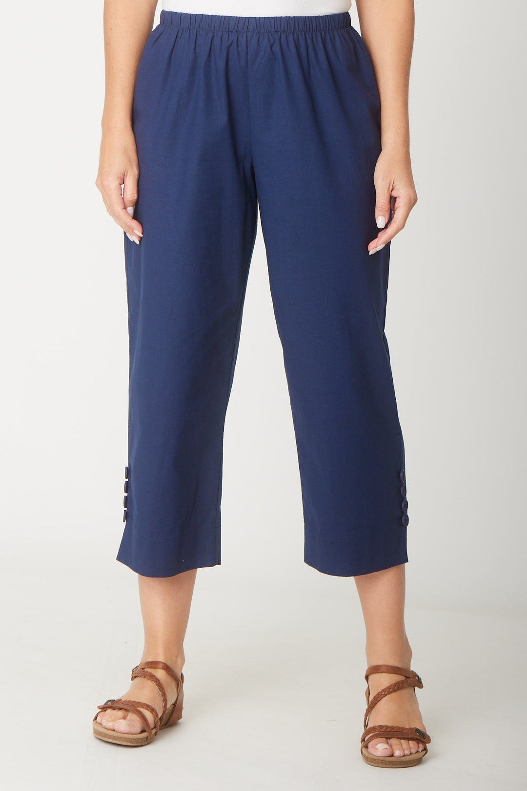 Split Leg Linen 3/4 Pant- Navy - 31595