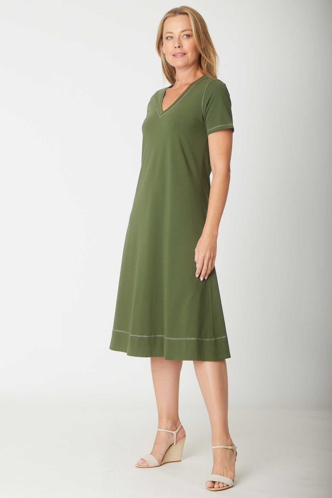 Short Sleeve Contrast Dress-- Khaki - 31605