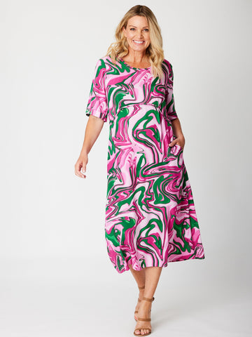 Petites Mid Slv Dress - Pink/Print - 31626 - Clothes for Senior & Elderly Women