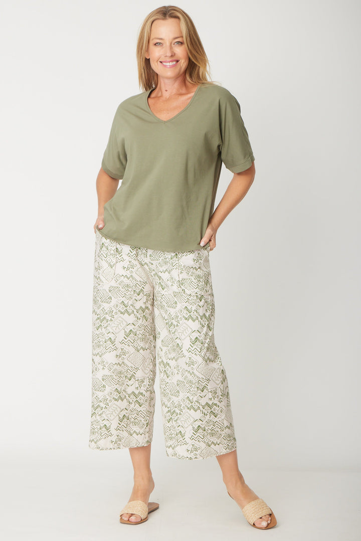 Relaxed Cotton Summer V Tee - Khaki - 31637