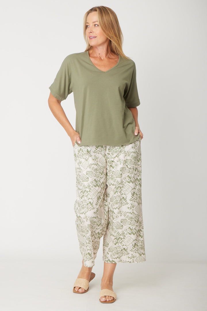 Relaxed Cotton Summer V Tee - Khaki - 31637