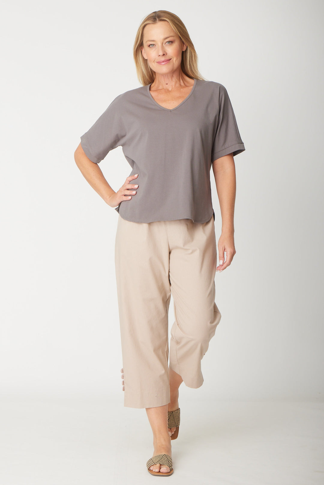 Relaxed  Cotton Summer V Tee - Steel - 31637