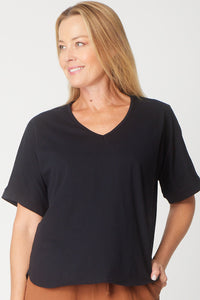 Relaxed Cotton Summer V Tee - Black - 31637