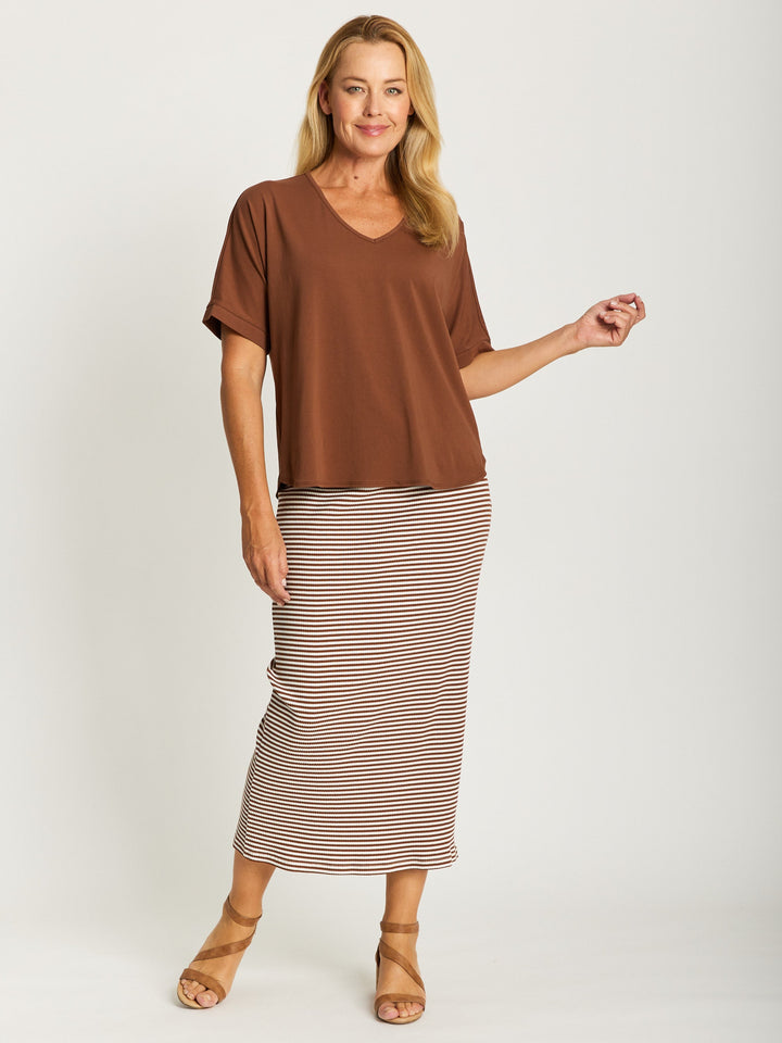 Relaxed  Cotton Summer V Tee - Mahogany - 31637