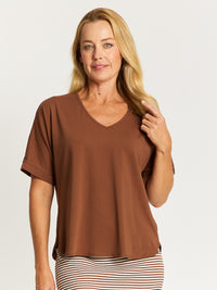 Relaxed  Cotton Summer V Tee - Mahogany - 31637