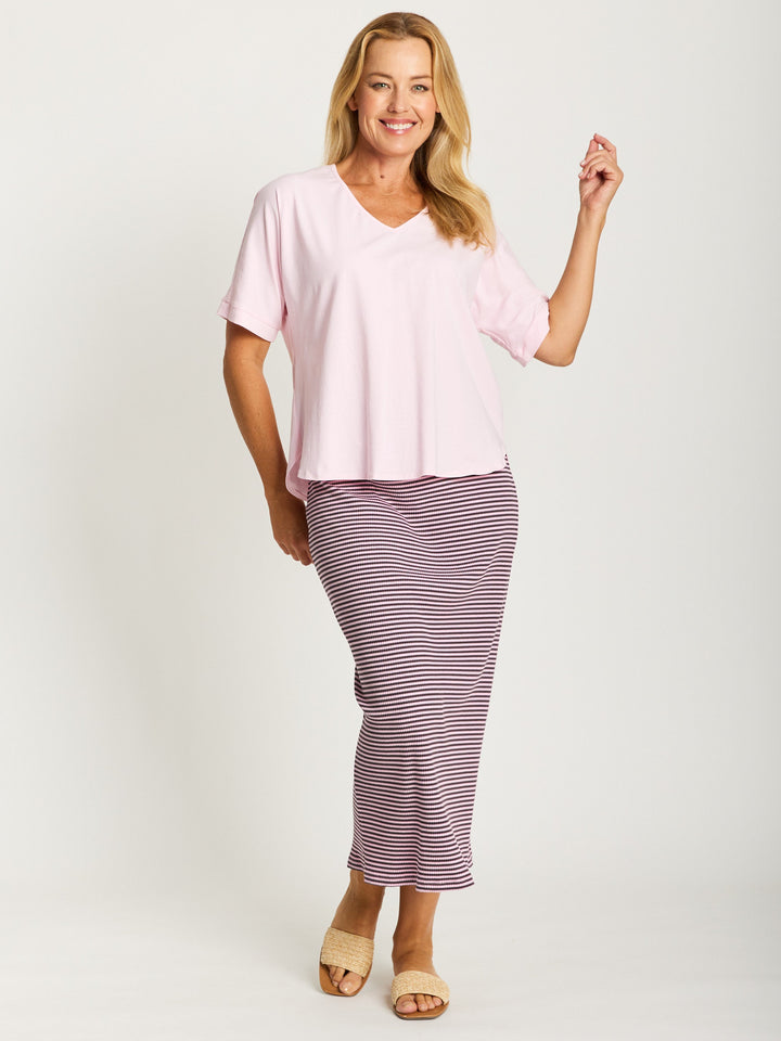 Relaxed  Cotton Summer V Tee - Pink - 31637