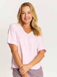 Relaxed  Cotton Summer V Tee - Pink - 31637