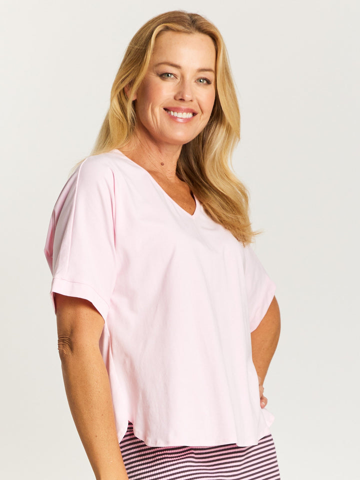 Relaxed  Cotton Summer V Tee - Pink - 31637