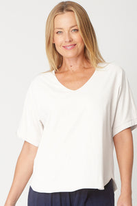 Relaxed  Cotton Summer V Tee - White - 31637