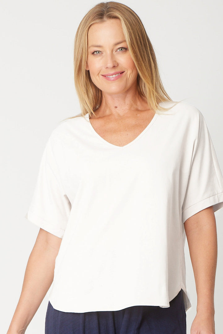 Relaxed  Cotton Summer V Tee - White - 31637