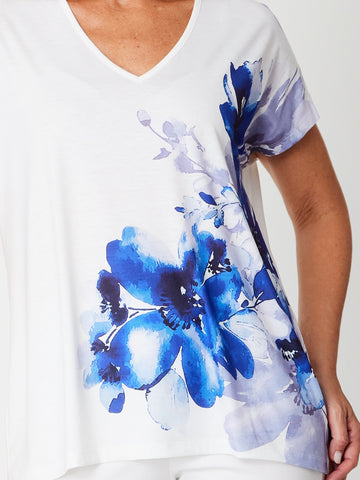 Blue Beauty Vee Neck Tee - White/Blue- 31638 - top